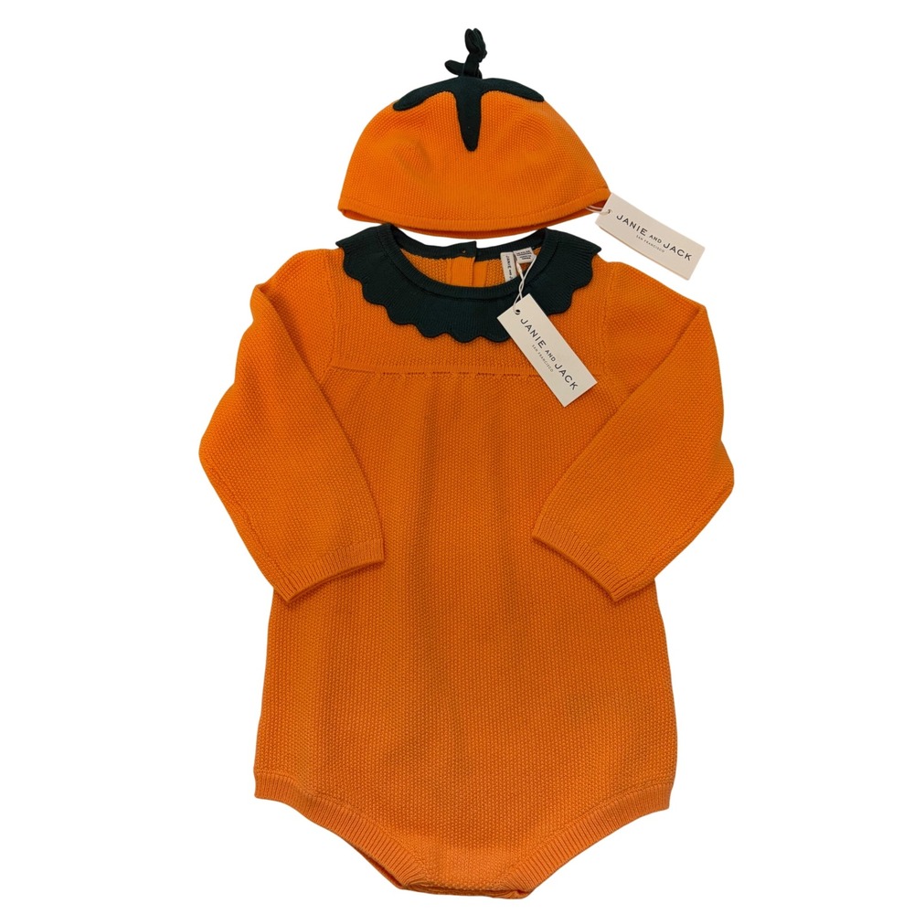 New Janie and Jack Harvest Pumpkin Sweater Romper and Hat Set Orange 18-24 Mo